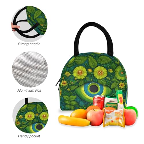 Green Floral Eyes Print Backpack Set with Lunch Bag, Large Capacity Travel Backpacks and Lunch Box Insulated for Commute Hiking Picnic4