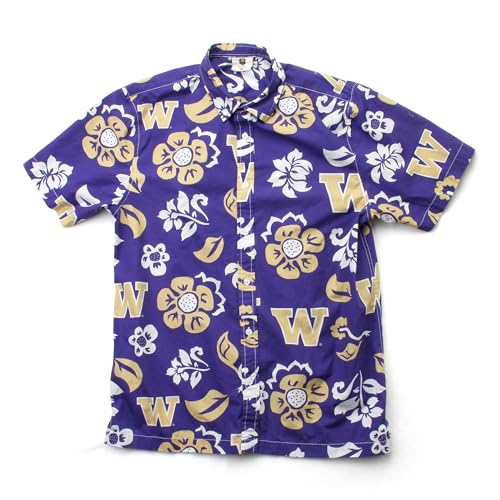 Wes and Willy NCAA Mens Hawaiian Floral Button Down Shirt, Washington Huskies, Grape, M