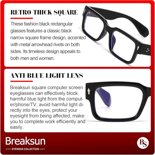 Image of Breaksun Rectangle Glasses for Men Women Square Blue Light Glasses Thick Frame Black Eyeglasses