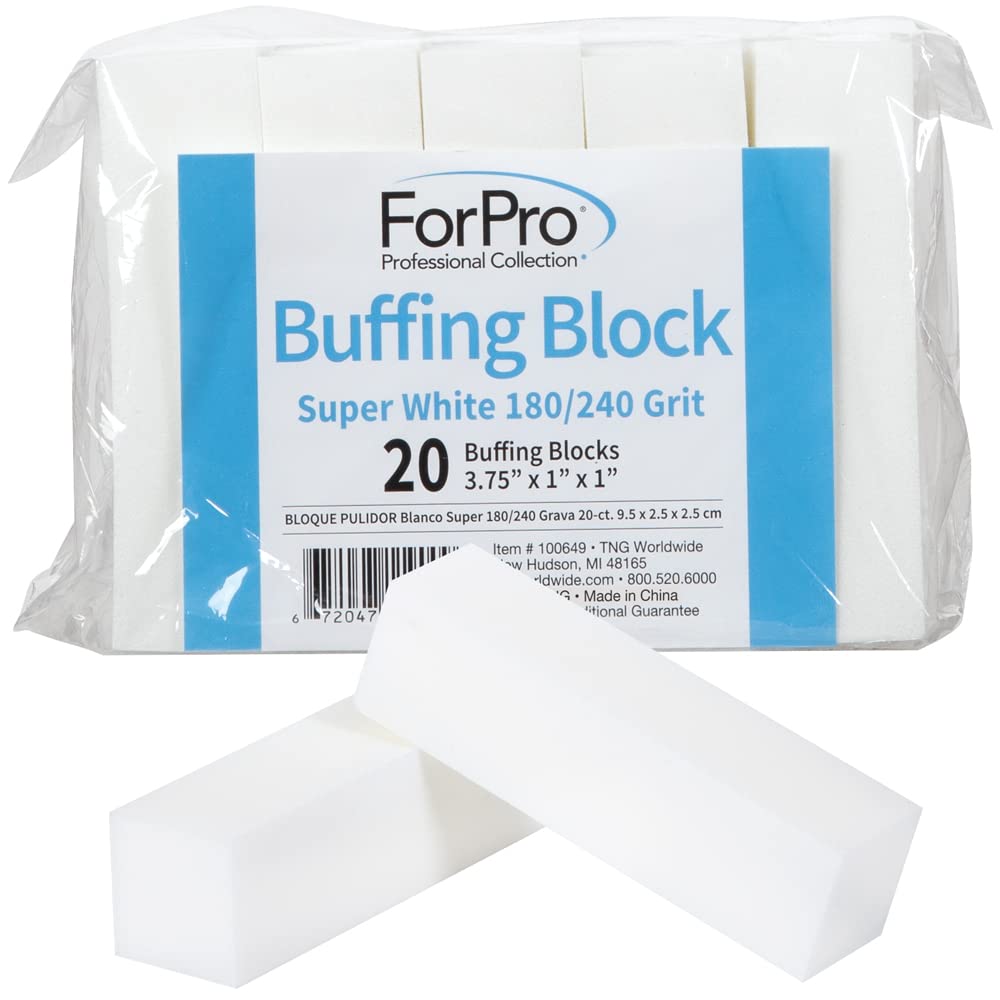 ForPro Professional Collection Buffing Block, Super White, 180/240 Grit, Four-Sided Manicure and Pedicure Nail Buffer, 3.75″ L x 1″ W x 1″ H, 20-Count