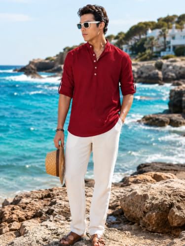 Image of Majestic Man Men's Pure Cotton Solid Mandarin Collar Slim Fit Roll-Up Sleeves Short Kurta Lightweight Summer Kurta for Daily & Occasion Use