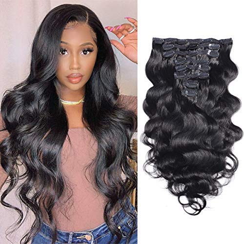 Body Wave Clip In Human Hair Extensions 100% Unprocessed Brazilian Virgin Hair Double Weft Long 8 Pieces/Lot 125G With 16 Clips,Natural Black Body Wave Clip In Remy Human Hair Extensions For Women (16", Body Wave) #TOP21