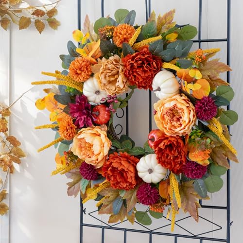 Image of 24 Inch Fall Wreaths for Front Door with Orange Peony and Burgundy Dahlias