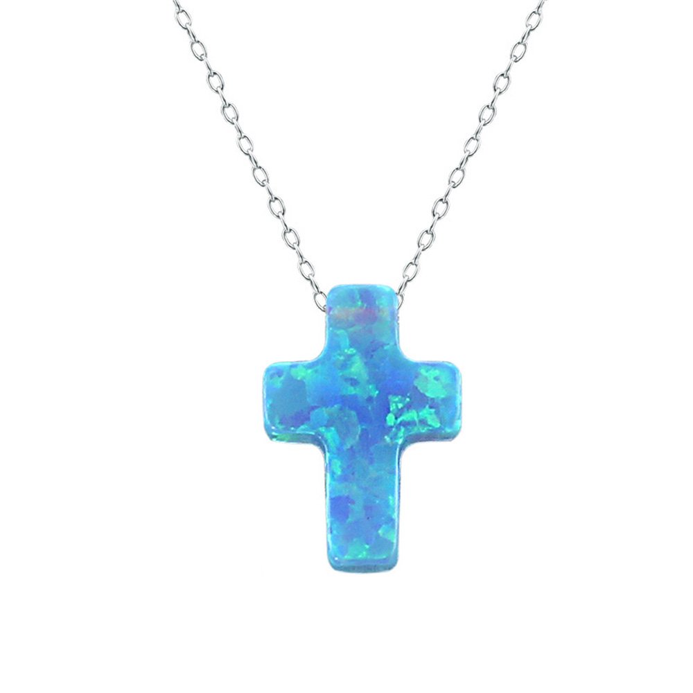 ZeSen JewelryZeSen Jewelry Blue Opal Cross Pendant Choker Necklace Sterling Silver Charming Collar Necklace