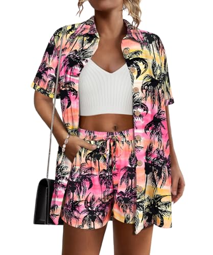 RITERA Womens Plus Size 2 Piece Outfits Cotton Linen Set Button Down Short Sleeve Shirt Drawstring Shorts Beach Vacation Sets