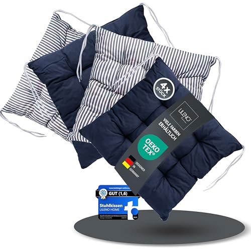 LILENO HOME 4er Set Wende Stuhlkissen Dunkelblau (40x40x6 cm) - Streifen Sitzkissen für Gartenstuhl, Küche oder Esszimmerstuhl - Indoor u. Outdoor Stuhlauflage als Stuhl Kissen (Linda FUM) LILENO HOME 4er Set Wende Stuhlkissen Dunkelblau (40x40x6 cm) - Streifen Sitzkissen für Gartenstuhl, Küche oder Esszimmerstuhl - Indoor u. Outdoor Stuhlauflage als Stuhl Kissen (Linda FUM)