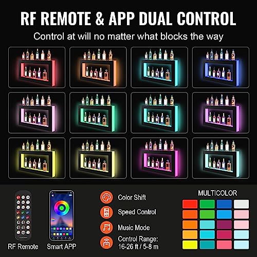 Image of VEVOR LED Lighted Liquor Bottle Display Shelf, Square 48 Inches, Supports USB,Illuminated Home Bar Shelf w /RF Remote & App Control 7 Static Colors 1-4 H Timing, Acrylic Wall-Mounted Shelf