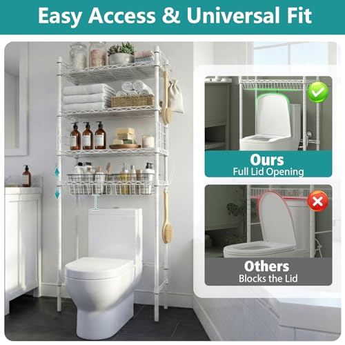 Image of Over The Toilet Storage Shelf - 4-Tier Adjustable Metal Bathroom Organizer Shelves, Freestanding Space Saver with Basket & Paper Holder, Bathroom Storage Rack Above Toilet for Laundry, White