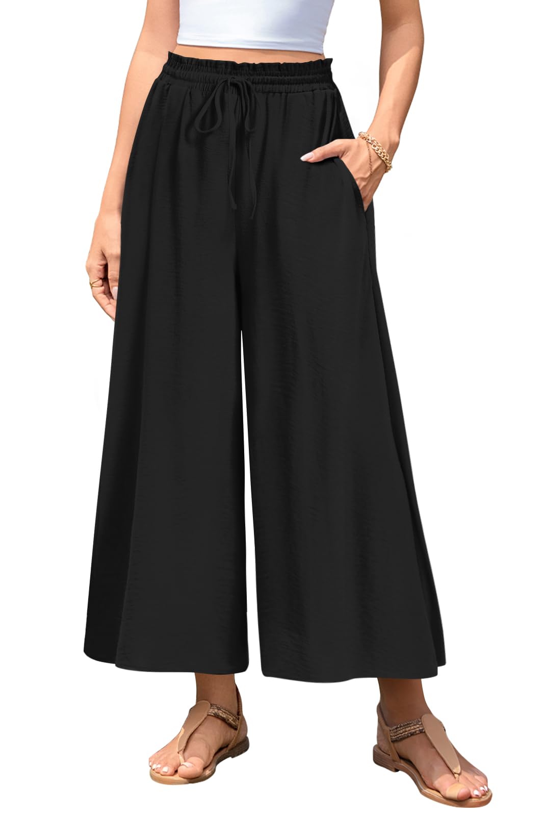 Womens Gaucho Pants Wide Leg Palazzo Pant Flowy Slacks Dressy Casual Trousers Elastic Waist with Pockets