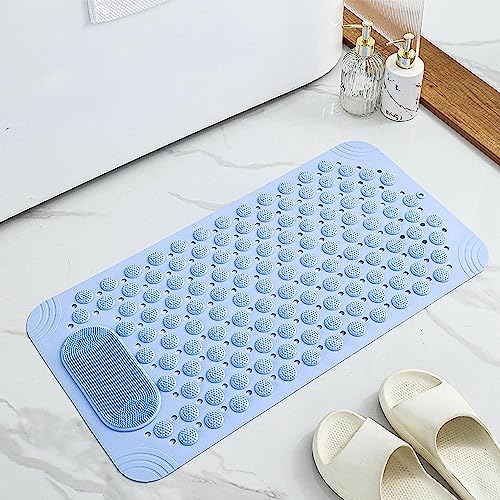 Niwlix Bath Mat for Bathroom Anti Slip with Foot Scrubber Bath Room Shower Mat Silicone Drain Holes & Suction Mat for Bathroom-Toilat - Blue