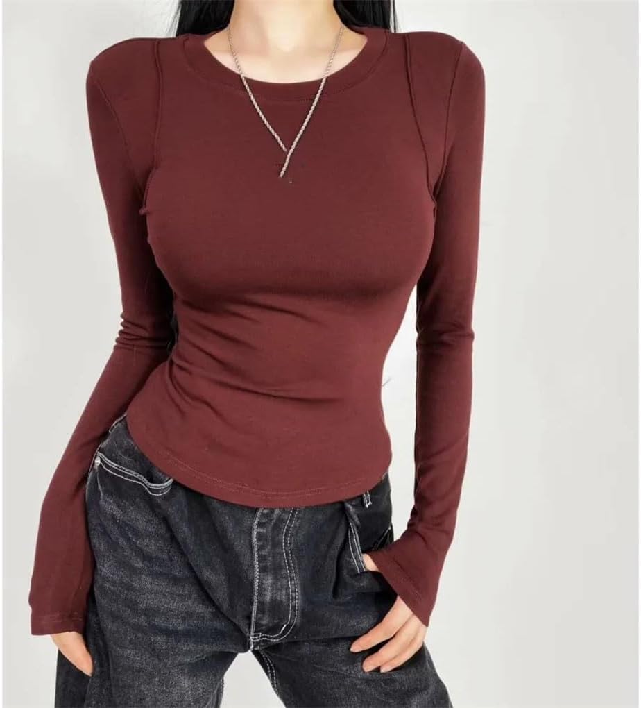 Warm Round Collar T-Shirts Women Slim Stretch Full Sleeve Base T-Shirts Slim Fit Cropped Blouses Shirts