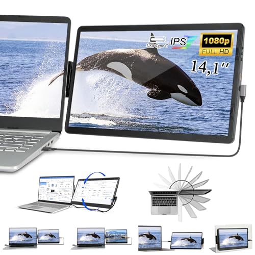 Image of 14.1'' Laptop Screen Extender, FHD IPS Portable Monitor, 360 Rotatable Dual Monitor for Laptop, Extender Connected with Type-c /hdmi, Support PC /Mobile Phone, Black