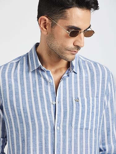 Image of THE BEAR HOUSE Men Blue Vertical Striped Slim Fit Cotton Linen Casual Shirt|TBH-IDI-BL