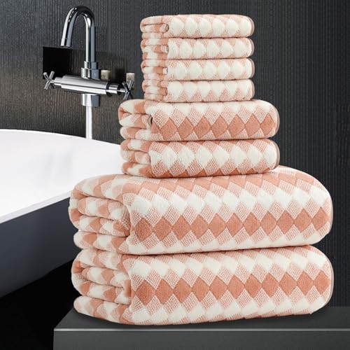 8 Piece Bathroom Towel Set |2 Oversized Bath Towels 2 Hand Towels 4 Washcloths| 600GSM Soft Hotel Towel Set Extra Large Bath Sheet for Bathroom Highly Absorbent Quick Dry Bath Towel Collections Peach