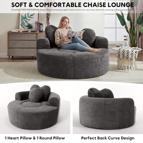 Image of Oversized Round Chair Lounge Chaise Indoor, 54.3 inch Upholstered Corduroy Deep Seat Single Cloud Sofa Chair with Heart-Shaped Pillow Modern Large Circle Boneless Couch for Living Room, Black