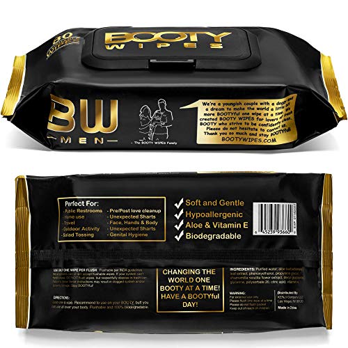 BOOTY WIPES for Men - Flushable Wet Wipes for Adults, Man Wipes Infused with Vitamin-E & Aloe (320 Wipes Total - 4 Flip-Top Packs of 80) Biodegradable, Hypoallergenic, Alcohol Free