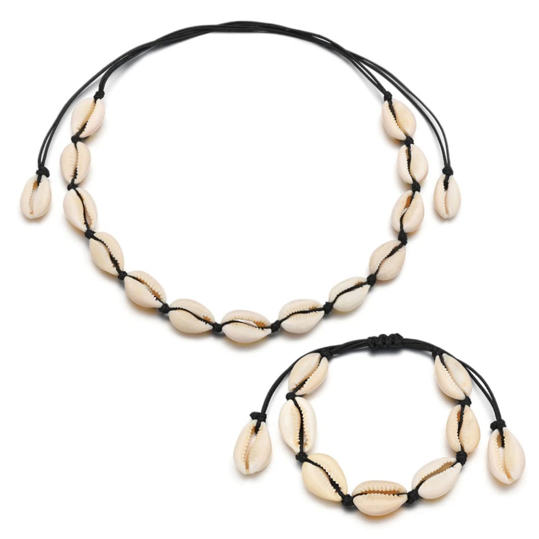 MILEVO Collane, Ciondolo, 1 Set Collana Conchiglia Naturale Bracciale Regolabile Collana Girocollo Conchiglia Hawaiana Gioielli Fatti A Mano con Corda for La Spiaggia Estiva (Nero),Collana