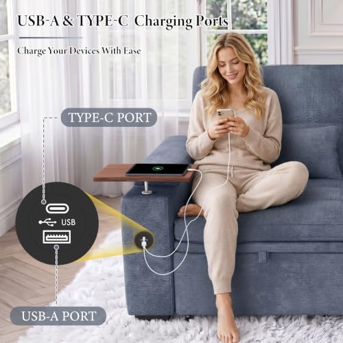 Image of Dreamzie 65'' Convertible Sleeper Sofa Bed with Swivel Side Table, Chenille Pull Out Couch for Living Room, Loveseat Sleeper Couch with Hidden Storage Space | Charging Port | Cup Holders, Blue
