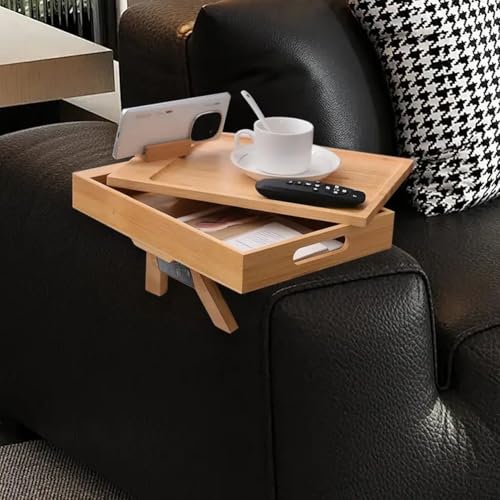 Bandeja para reposabrazos de sofá con soporte de teléfono rotatorio y mesa de madera auxiliar 8