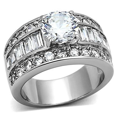 Bold Round Cut Cubic Zirconia Wide Band w Baguettes Engagement Promise CZ Ring