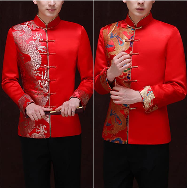 Aoleaky Dragon Pattern Jacquard Mens Red Suit Jacket Collar Traditional Chinese Men Satin Exquisite Wedding Jacket2