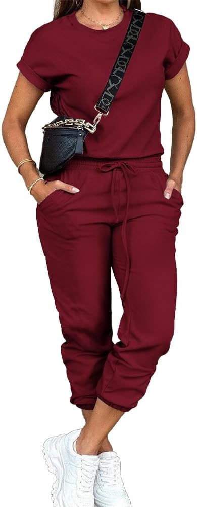 PINSV Women's 2 Piece Outfits Tracksuit Sets Short Sleeve Tops Jogger Pants with Pockets - Image 2