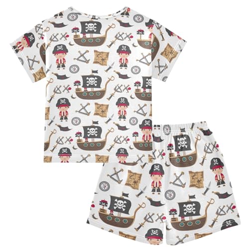 CHIFIGNO Pirate Ships White Summer Pajamas Set, Short Sleeve Cotton Sleepwear with Pocket, Ages 52