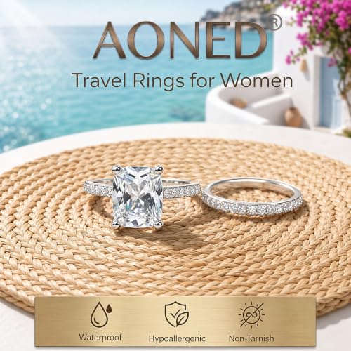 2CT Elongated Cushion Cut Engagement Travel Rings Set for Women, Waterproof 14K White Gold Plated Fake Wedding Ring Band Promise Rings for Her, Cubic Zicornia Ring 2PCS, Jewelry Gifts Size 4-11 - Image 4