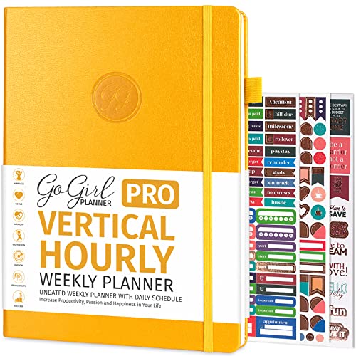 GoGirl Planner PRO Schedule - Undated Planner with Hourly Time Slots, Monthly, Weekly & Daily Organizer, Appointment Book for time Management, 7"x10" Hardcover, Lasts 1 Year - Amber Yellow