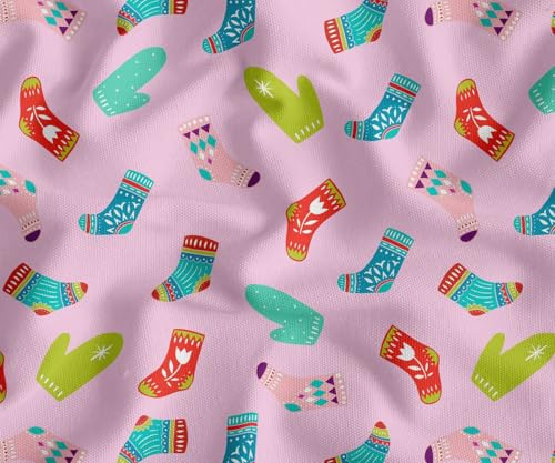 Image of Soimoi Pink Cotton Canvas Fabric Socks & Gloves Folk Art Fabric Prints By Meter 56 Inch Wide