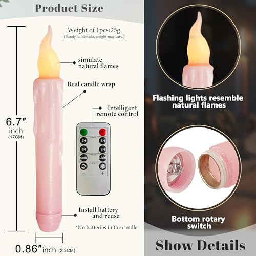 Image of Real Wax LED Flameless Short Taper Candles with Remote, 6.7 Inches Pink Candlesticks, Dripless Battery Operated Flame Rustic Primitive Flameless Spring Candles for Home, Pack of 4