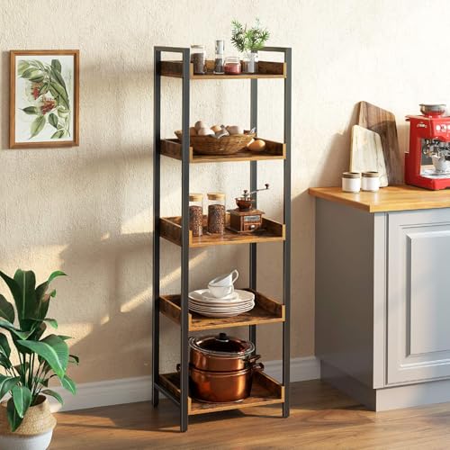 Rolanstar Bookshelf, 5-Tier Storage Rack, Narrow Corner Bookshelf, Display Wooden Shelves for Living Room, Bathroom, Balcony, Kitchen,Rustic Brown - Image 3