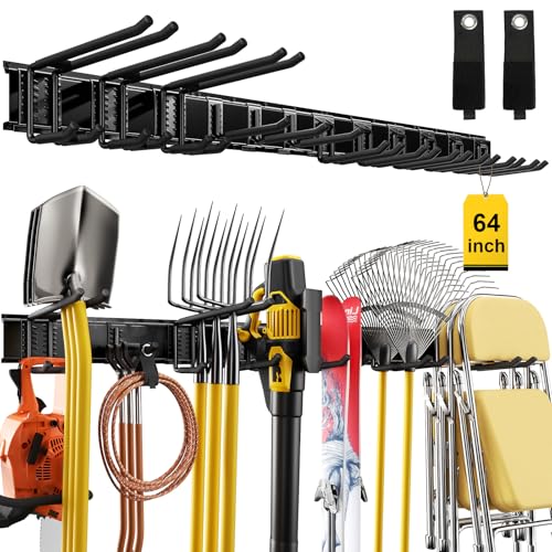 Image of YZSFMZGE 64" Garage Tool Organizer Wall Mount, 900 lbs Heavy Duty Steel Garden Tool Storage Rack with 12 Adjustable Hooks for Yard, Shed, Garage (4 Racks, 12 Hooks, 2 Straps)
