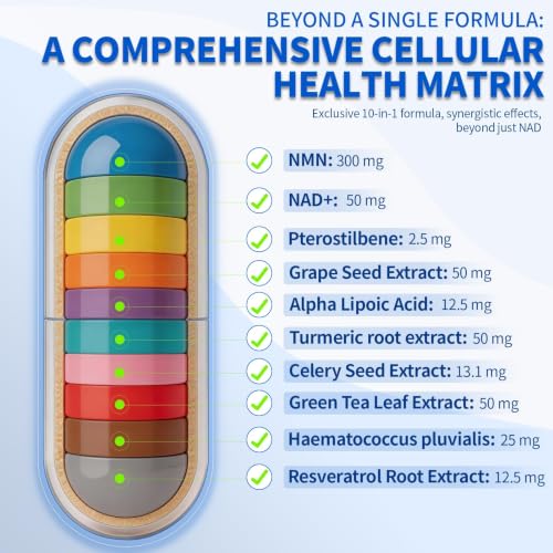 10-in-1 NAD & nmn Supplement, 300mg nmn & 50mg NAD+, Advanced Formula 60 Ct