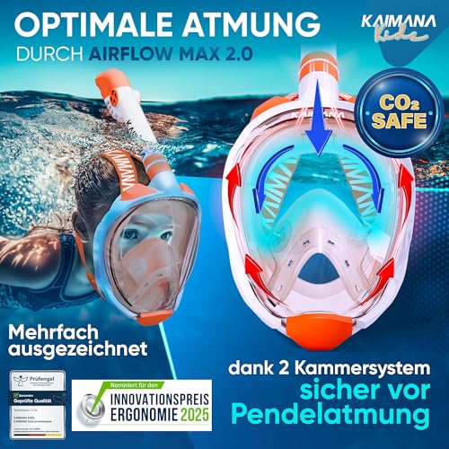 Die Preisgekrönte KAIMANA® Schnorchelmaske Kinder inkl. Tragetasche - absolut CO₂ sichere Tauchmaske...