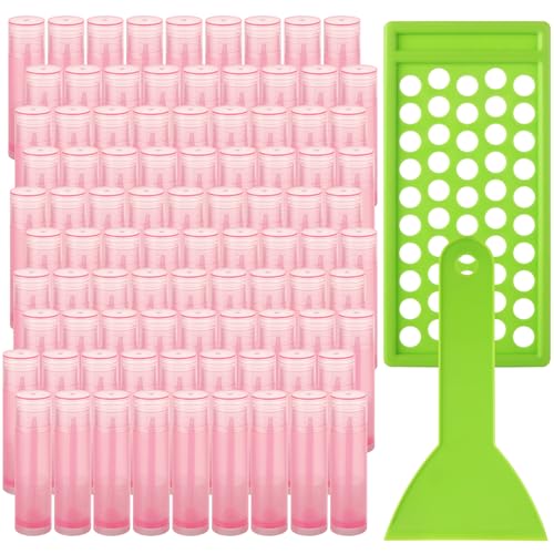 200PCS Plastic Lip Balm Tubes, Chapstick Tubes Empty, Lip Balm Containers with Filling Tray and Spatula, Rotating Type Refill Lip with Cap for DIY(5ml/5g, Pink)