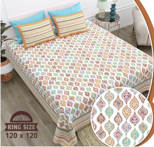 Image of YOKSH Handlooms - Premium Jaipuri 100% Cotton 240 TC|SuperKing Jumbo Size 120x120 INCH,10 FEET|Flat BEDSHEET|2 Pillow Covers|AZO-Free Colors (Rainbow Orange 120115)
