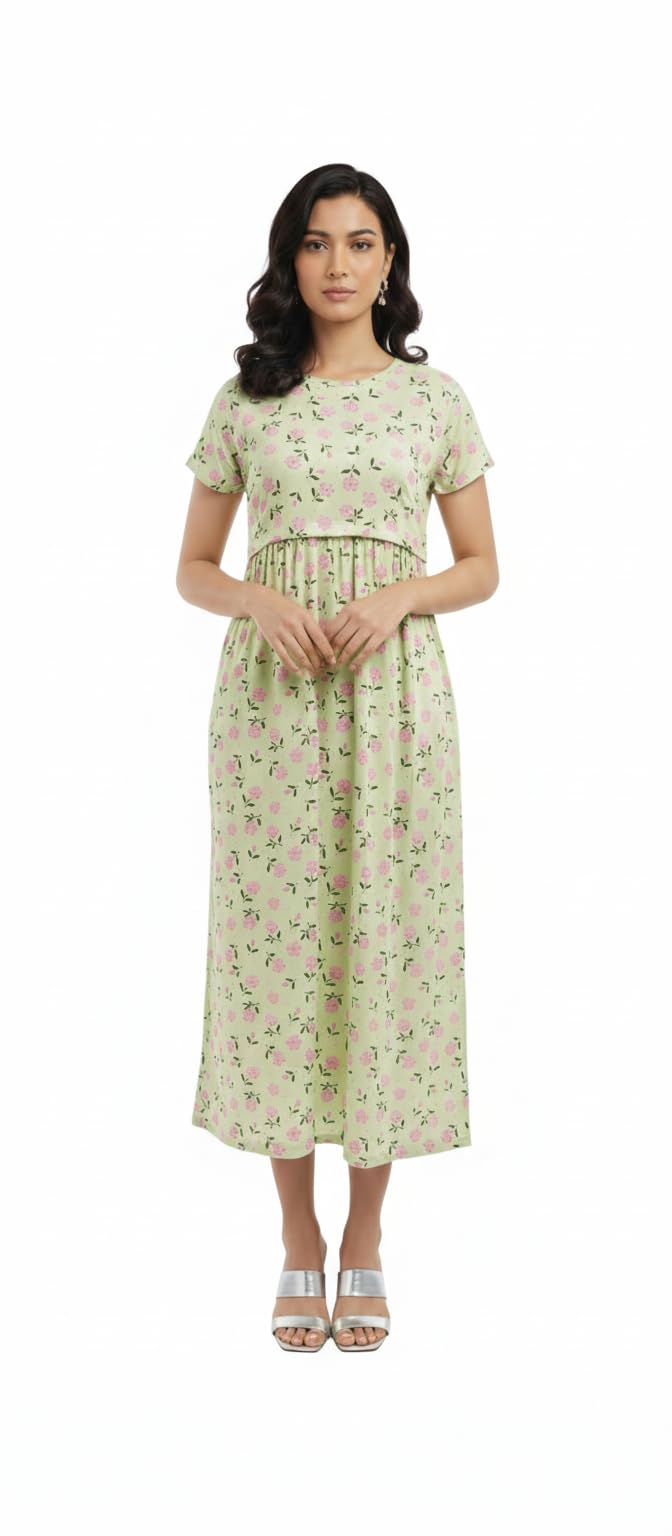 Feeding Dress for New Moms|Cotton Maternity|Zipless Nursing Gown with Tie-Knot & Pocket|Maxi Pregnancy Wear|Pre & Post Maternity Gown 160-170 GSM-image-32