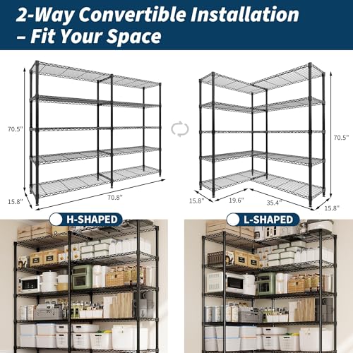 Image of GarveeTech 5-Tier Storage Shelves Metal Shelving Unit 15.8 inch D x 70.8 inch W x 70.5 inch H, 1325 LBS Heavy Duty Wire Shelving, l-Shaped Storage Rack with Adjustable Shelf for Home, Pantry & Warehouse