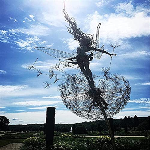 Fcteap Flower Fairy Dancing with Dandelion Garden Art Sculpture Stainless Steel Statue Christmas Halloween Decoration for Outdoor Yard Courtyard Lawn Patio Metal Ornaments (Open Hands)