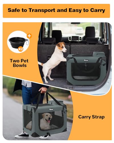 Reerooh Caixa de Transporte para Cães Extragrande com 2 Tigelas Dobráveis, Caixa de Transporte para
