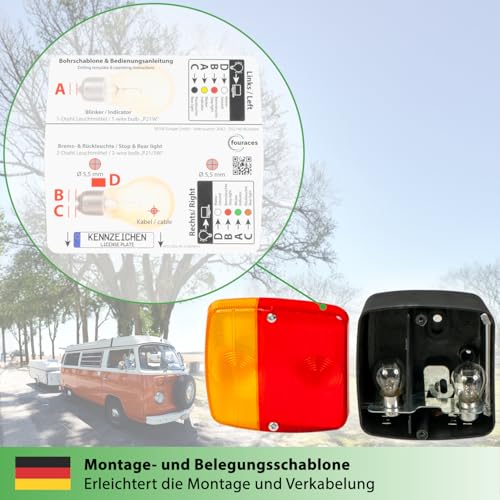 fouraces Anhänger Rückleuchten - 2 Set, mit Schaltplan und Kennzeichen Beleuchtung, Rückleuchte, Rücklicht, Zubehör, Licht, Lampen für PKW, Auto - Rücklichter, Anhängerlicht