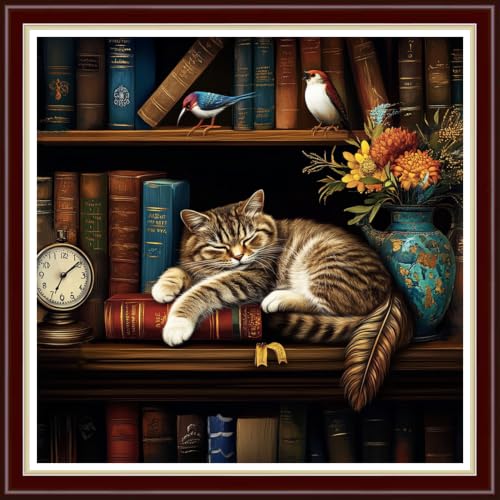Image of Fanxvivy Stamped Cross Stitch Kits for Beginners Full Range of Cross Stitching Preprinted Embroidery Kits for Adults, 11CT Embroidery Pattern Needlepoint Kits- Bookshelf Cat Flowers 18x18 inchs