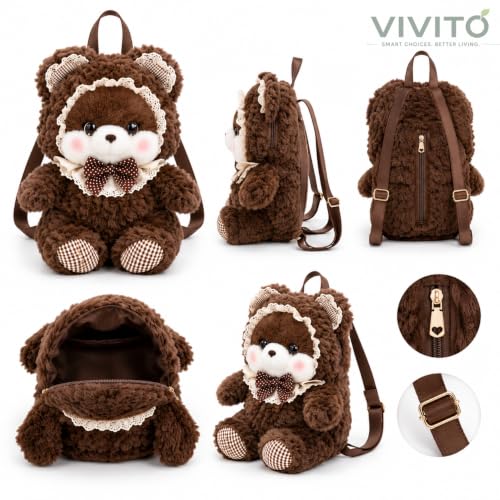 Image of VIVITO Cute Teddy Bear Plush Backpack for Girls | Soft Stuffed Animal School & Travel Bag | Adjustable Shoulder Straps | Zipper Closure | Multicolor | Pack of 1