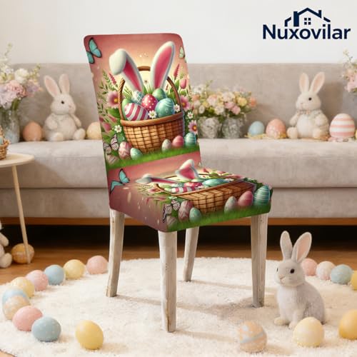 Image of Nuxovilar 4PCS Basket Bunny Design Milk Silk Stretchy Chair Covers | Stretch Slipcover Cute Protector Bunny Wrap Seat Guard Dining Room Family Brunch Kitchen Room (Basket Bunny)