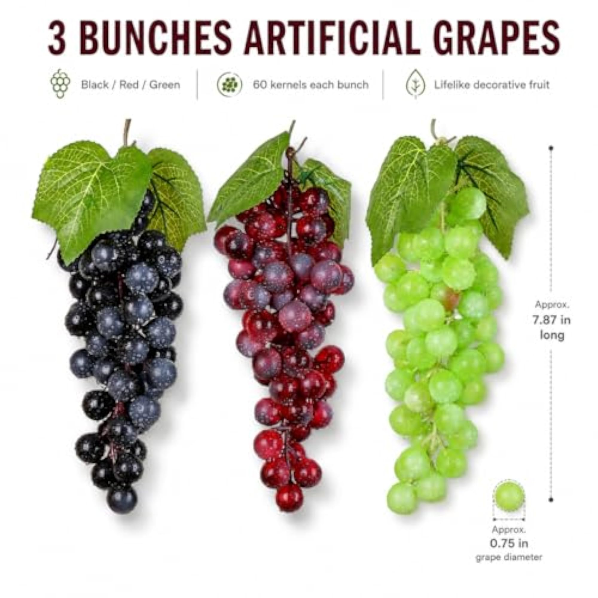3 Bunches Artificial Grape, Lifelike Decorative Fruit