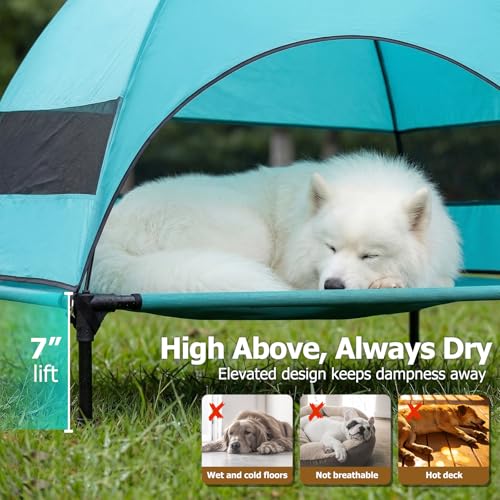Image of Elevated Dog Bed with UV-Proof Canopy, Outdoor Dog Tent with Powerful Adjustable Feet, Portable Pet Cot with Wider Shade, Raised Cooling Bed for Camping, Patio, Beach, Poolside