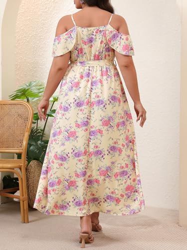 Image of Floerns Women's Plus Size Cold Shoulder Short Sleeve Split Thigh Long Dress