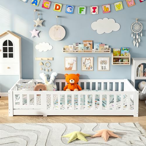 HYNHXBP Cama Infantil 90 x 200 cm, Cama de pie con barandillas de Seguridad, somier de láminas Blancas, Apta para niños y niñas