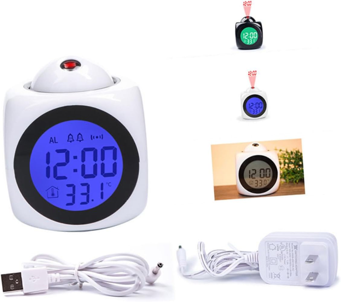 STOBAZA Multifunctional Projection Alarm Clock with LED Display and Voice Talking Alarm Sounds Rotatable Red Digit Projection Wall Ceiling LCD and Temperature for Bedroom Use